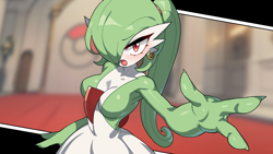 Size: 1920x1080 | Tagged: safe, artist:drunk_oak, fictional species, gardevoir, anthro, nintendo, pokémon, 2023, blushing, bottomwear, breasts, clothes, digital art, dress, ears, eyelashes, female, front view, hair, hair over one eye, headband, headwear, looking at you, open mouth, solo, solo female, thighs, tongue, wide hips