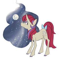 Size: 2600x2600 | Tagged: safe, artist:marshmarlowe, equine, fictional species, mammal, pony, unicorn, feral, hasbro, my little pony, my little pony (g1), 2020, bow, female, g1, high res, horn, looking up, mare, moon, moondancer (mlp g1), simple background, solo, solo female, space, stars, tail, tail bow, thin legs, transparent background