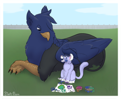 Size: 1232x1000 | Tagged: safe, artist:binkyroom, oc, oc only, oc:binkyroom, oc:eid, big cat, bird, cougar, feline, fictional species, gryphon, mammal, feral, hasbro, my little pony, babysitting, beak, caretaker, chest fluff, claws, cloud, colored sketch, cub, duo, feathers, fence, fluff, fur, grass, grass field, male, paint, painting, paper, paws, sketch, tail, tail wig, wings, young