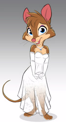 Size: 1511x2798 | Tagged: safe, artist:siroc, mrs. brisby (the secret of nimh), mammal, mouse, rodent, anthro, sullivan bluth studios, the secret of nimh, 2023, 2d, breasts, clothes, dress, female, field mouse, front view, gradient background, jewelry, murine, necklace, smiling, solo, solo female, three-quarter view, wedding dress