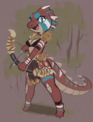 Size: 1567x2048 | Tagged: safe, artist:epic_tail, fictional species, kobold, reptile, anthro, arrow, bow (weapon), breasts, clothes, female, loincloth, solo, solo female, tribal, tribal markings, weapon