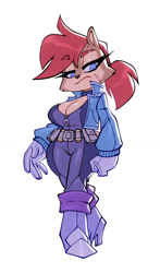Size: 545x924 | Tagged: safe, artist:bigdad, princess sally acorn (sonic), chipmunk, mammal, rodent, anthro, archie sonic the hedgehog, sega, sonic the hedgehog (series), blue eyes, boots, breasts, catsuit, choker, cleavage, clothes, female, frowning, gloves, hair, high heel boots, high heels, jacket, lidded eyes, looking at you, ponytail, scar, shoes, simple background, solo, solo female, topwear, utility belt, zipper
