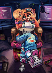 Size: 1614x2283 | Tagged: suggestive, artist:djpuppeh, coco bandicoot (crash bandicoot), bandicoot, mammal, marsupial, anthro, crash bandicoot (series), beauty mark, blonde hair, blue eyes, breasts, chair, clothes, computer, condom, crossed legs, ear piercing, female, gesture, goggles, hair, headphones, headset, headwear, hips, indoors, laptop, lipstick, looking at you, magazine, makeup, nathan drake, pants, peace sign, piercing, ripped pants, shirt, sitting, smiling, sneakers, solo, solo female, suspenders, t-shirt, topwear, torn clothes, wristband