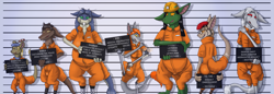 Size: 3279x1124 | Tagged: safe, artist:kaiseryeen, oc, oc:gikka, oc:mim, oc:qarket, oc:sharah, oc:skozzy, oc:snow, oc:tic-tac, fictional species, yinglet, anthro, the out-of-placers, beret, butt, clothes, feather, female, glasses, green eyes, group, hard hat, hat, headwear, helmet, jumpsuit, line-up, male, prison outfit, prosthetic arm, prosthetic leg, prosthetics, red eyes, robotic limbs, yellow eyes