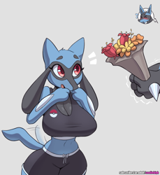 Size: 824x900 | Tagged: safe, artist:cooliehigh, fictional species, lucario, mammal, riolu, anthro, nintendo, pokémon, 2023, anthro/anthro, bedroom eyes, big breasts, blushing, bottomwear, breasts, clothes, digital art, duo, duo male and female, ears, eyelashes, eyes closed, faceless male, female, female focus, flower, fur, hair, male, male/female, offscreen character, open mouth, plant, shorts, shortstack, solo focus, sports bra, sports shorts, tail, tail wag, thighs, tongue, topwear, wide hips