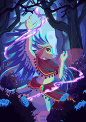 Size: 2480x3508 | Tagged: safe, artist:elishiia, oc, oc:luvashi, alien, avali, bird, fictional species, semi-anthro, blue feathers, clothes, feathers, female, forest, four ears, green eyes, green feathers, magic, solo, solo female, tail