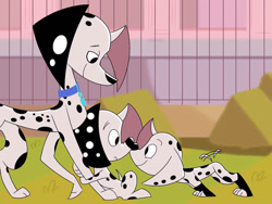 Size: 1032x774 | Tagged: safe, artist:seisai1751, delilah (101 dalmatian street), dolly (101 dalmatians), dylan (101 dalmatians), canine, dalmatian, dog, mammal, feral, 101 dalmatian street, 101 dalmatians, disney, female, mother, mother and child, puppy, siblings, young, younger