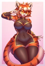 Size: 1225x1775 | Tagged: safe, alternate version, artist:complextree, waaifu (arknights), big cat, feline, mammal, tiger, anthro, arknights, 2023, black nose, border, breasts, chinese dress, clothes, commission, digital art, ears, eyelashes, female, fur, glasses, glasses on head, hair, legwear, one eye closed, open mouth, round glasses, solo, solo female, stockings, sunglasses, sunglasses on head, tail, thighs, tongue, wide hips