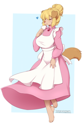 Size: 900x1341 | Tagged: safe, artist:teranen, mrs. hudson (sherlock hound), canine, dog, mammal, anthro, sherlock hound (series), apron, barefoot, big breasts, blonde hair, bottomwear, breasts, clothes, dancing, dress, eyes closed, feet, female, hair, heart, love heart, smiling, solo, solo female, tail, tippy-toes, toes