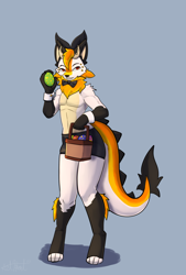 Size: 1378x2039 | Tagged: safe, artist:bear213, canine, mammal, wolf, anthro, basket, black body, black fur, bow, bow tie, clothes, container, digital art, ears, easter, easter egg, egg, eggs, femboy, fur, gray background, male, orange body, orange fur, paws, signature, simple background, solo, solo male, standing, tail, white body, white fur