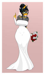 Size: 1024x1694 | Tagged: safe, artist:almankanine, oc, oc:heidi, canine, doberman, dog, mammal, anthro, bouquet, breasts, cleavage, clothes, dress, female, flower, huge breasts, looking at you, plant, smiling, smiling at you, solo, solo female, wedding dress, wedding ring, wedding veil, wide hips