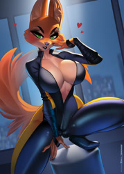 Size: 859x1200 | Tagged: safe, artist:aomori, diane foxington (the bad guys), canine, fox, mammal, anthro, dreamworks animation, the bad guys, 2023, absolute cleavage, big breasts, breasts, cleavage, cloud, ear fluff, eyebrow piercing, female, fluff, green eyes, lipstick, makeup, nail polish, piercing, solo, solo female, tail, tail fluff, thick thighs, thighs, vixen