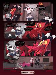 Size: 900x1200 | Tagged: safe, artist:loonanudes, blitzo (vivzmind), loona (vivzmind), verosika mayday (helluva boss), vortex (vivzmind), canine, demon, fictional species, hellhound, imp, mammal, succubus, anthro, digitigrade anthro, humanoid, comic:loonanudes, helluva boss, belly button, car, cell phone, clothes, collar, colored sclera, comic, daughter, driving, fangs, father, father and child, father and daughter, female, floppy ears, fur, gray hair, hair, horn, male, mature, mature male, midriff, open mouth, phone, pink body, red body, red eyes, red sclera, sharp teeth, sitting, speech bubble, spiked collar, striped horn, stripes, talking, teeth, tongue, tongue out, vehicle, vulgar, white body, white fur, yellow sclera