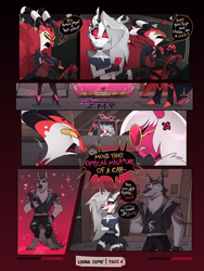 Size: 900x1200 | Tagged: safe, artist:loonanudes, blitzo (vivzmind), loona (vivzmind), verosika mayday (helluva boss), vortex (vivzmind), canine, demon, fictional species, hellhound, imp, mammal, succubus, anthro, digitigrade anthro, humanoid, comic:loonanudes, helluva boss, angry, anthro/anthro, armwear, belly button, blushing, bottomwear, building, car, cell phone, clothes, collar, colored sclera, comic, daughter, driving, ear fluff, eyewear, fangs, father, father and child, father and daughter, female, fluff, fur, glasses, gloves, gray body, gray fur, gray hair, hair, heart, high heels, horn, legwear, loontex (vivzmind), male, male/female, mature, mature male, midriff, one sided shipping, owo, pants, phone, red body, red sclera, ripped pants, round glasses, sharp teeth, shipping, shoes, sitting, socks, sparkles, speech bubble, spiked collar, stockings, striped horn, tail, talking, teeth, thigh highs, torn clothes, vehicle, white body, white fur, white hair, yellow sclera
