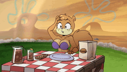 Size: 1920x1080 | Tagged: safe, artist:joaoppereiraus, crewmate (among us), sandy cheeks (spongebob), mammal, rodent, squirrel, anthro, among us (game), nickelodeon, spongebob squarepants (series), 2d, 2d animation, animated, belly button, big breasts, bikini, bikini top, bouncing breasts, breasts, buckteeth, clothes, english audio, eyes closed, female, frame by frame, freckles, open mouth, picnic blanket, picnic table, plate, purple bikini, purple bikini top, purple swimsuit, solo, solo female, swimsuit, teeth, voice acting, wide eyes, wide hips
