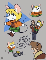 Size: 870x1131 | Tagged: safe, artist:powerploff, ashley graham (resident evil), leon s. kennedy (resident evil), human, mammal, mouse, rodent, anthro, capcom, resident evil, tom and jerry, bear trap, black nose, blonde hair, boots, bottomwear, brown hair, cheese, clothes, dialogue, duo, female, food, fur, gray background, hair, male, moushley, open mouth, reference, resident evil 4, shoes, simple background, skirt, sweater, tail, talking, topwear, white body, white fur, yellow hair