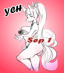 Size: 1024x1170 | Tagged: suggestive, artist:kyriamask, oc, oc only, oc:sunshine red, earth pony, equine, fictional species, mammal, pony, anthro, friendship is magic, hasbro, my little pony, 2023, bottomwear, bra, breasts, clothes, commission, female, hair, huge breasts, looking at you, mare, ponytail, sideboob, sketch, skirt, solo, solo female, underwear, ych