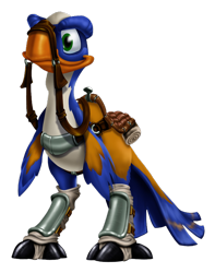 Size: 702x889 | Tagged: safe, bird, feral, jak and daxter, sony, 3d, armor, beak, blue feathers, digital art, feathered wings, feathers, female, flut flut (jak and daxter), green eyes, looking offscreen, orange beak, reins, saddle, simple background, small wings, smiling, solo, solo female, standing, tack, tail, tail feathers, transparent background, white feathers, wings, yellow feathers