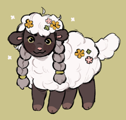 Size: 1280x1216 | Tagged: safe, artist:peachybats, fictional species, mammal, wooloo, feral, nintendo, pokémon, ambiguous gender, blushing, braid, cloven hooves, flower, flower in hair, hair, hair accessory, hooves, looking at you, pink nose, plant, smiling, solo, solo ambiguous, tail, tan background, wool