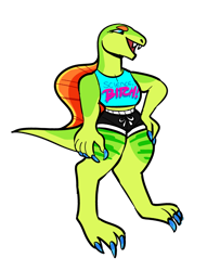 Size: 868x1139 | Tagged: safe, artist:peachybats, oc, oc only, oc:kelly (peachybats), dimetrodon, reptile, anthro, blue eyes, bottomwear, claws, clothes, crop top, female, midriff, open mouth, open smile, sharp teeth, shorts, simple background, smiling, solo, solo female, tail, teeth, toe claws, toes, topwear, transparent background