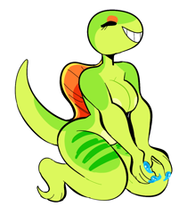 Size: 866x1031 | Tagged: suggestive, artist:peachybats, oc, oc only, oc:kelly (peachybats), dimetrodon, anthro, areola, claws, eyes closed, female, grin, kneeling, nudity, simple background, solo, solo female, synapsid, tail, white background