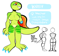 Size: 1280x1225 | Tagged: suggestive, artist:peachybats, oc, oc only, oc:kelly (peachybats), dimetrodon, anthro, areola, belly button, breasts, butt, claws, featureless crotch, female, front view, grin, nudity, rear view, reference sheet, side view, solo, solo female, synapsid, tail, text, toe claws, toes