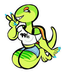 Size: 689x780 | Tagged: safe, artist:peachybats, oc, oc only, oc:kelly (peachybats), dimetrodon, reptile, anthro, bottomwear, bra straps, breasts, clothes, crop top, cropped shirt, female, grin, kneeling, midriff, nail polish, shirt, short shorts, shorts, shoulderless, simple background, solo, solo female, synapsid, tail, topwear, white background