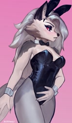Size: 760x1280 | Tagged: safe, artist:ratatooey, loona (vivzmind), canine, fictional species, hellhound, mammal, anthro, hazbin hotel, helluva boss, 2023, bedroom eyes, black nose, breasts, bunny ears, bunny suit, clothes, colored sclera, digital art, ears, eyelashes, female, fur, hair, leotard, red sclera, simple background, solo, solo female, tail, thighs, wide hips