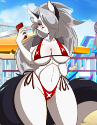 Size: 657x842 | Tagged: suggestive, artist:mastergodai, loona (vivzmind), canine, fictional species, hellhound, mammal, anthro, hazbin hotel, helluva boss, 2023, beach, bedroom eyes, bikini, black nose, breasts, cell phone, clothes, colored sclera, detailed background, digital art, ears, eyelashes, female, fur, hair, hair over one eye, looking at you, micro bikini, phone, pose, red bikini, red sclera, red swimsuit, smartphone, solo, solo female, swimsuit, tail, thighs, wide hips