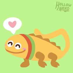 Size: 512x512 | Tagged: safe, artist:hollownekodev, lizard, reptile, feral, nintendo, rhythm heaven, blushing, cute, eyes closed, female, green background, hail, happy, heart, simple background, solo, solo female, speech bubble, unnamed character