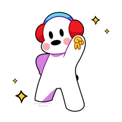 Size: 2007x2007 | Tagged: safe, artist:tiraqs, barista (rhythm heaven), canine, dog, mammal, feral, nintendo, rhythm heaven, bipedal, gesture, headphones, headwear, high res, male, paw pads, paws, peace sign, simple background, solo, solo male, stars, tail, white background