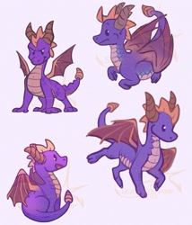 Size: 783x913 | Tagged: safe, artist:seasaltshrimp, spyro the dragon (spyro), dragon, fictional species, western dragon, feral, spyro the dragon (series), male, multiple images, open mouth, open smile, purple body, purple scales, scales, smiling, solo, solo male, wings