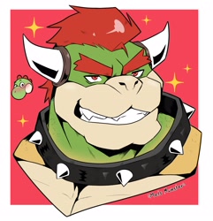 Size: 2720x2826 | Tagged: safe, artist:thebunskunk, bowser (mario), yoshi (mario), fictional species, koopa, reptile, yoshi (species), ambiguous form, anthro, mario (series), nintendo, 2023, ambiguous gender, artist name, blushing, border, bust, bust portrait, collar, cutaway, duo, eyebrows, flustered, green yoshi, hair, high res, horn, icon, looking at another, looking at you, male, male focus, muscles, muscular anthro, muscular male, pecs, portrait, red background, simple background, smiling, solo focus, sparkles, spiked collar, spikes, teeth, white border