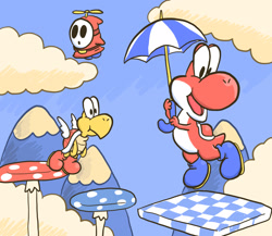 Size: 2300x2000 | Tagged: safe, artist:realtoondreamer, fictional species, koopa, reptile, shy guy (mario), yoshi (species), feral, humanoid, mario (series), nintendo, ambiguous gender, ambiguous only, blue sky, cloud, detailed background, flying, mountain, platform, red body, umbrella, white body, wings