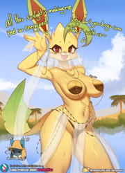 Size: 1500x2080 | Tagged: suggestive, artist:burgerkiss, eeveelution, fictional species, leafeon, lucario, mammal, anthro, nintendo, pokémon, 2023, armpits, belly dancer, belly dancer outfit, black nose, breasts, cameltoe, clothes, dancing, desert, detailed background, dialogue, ears, eyelashes, female, fur, hair, hat, headwear, heart, heart eyes, loincloth, looking at you, male, oasis, open mouth, outdoors, palm tree, panties, partial nudity, pasties, plant, pose, see-through, shrunken pupils, solo, solo female, speech bubble, sweat, tail, talking, talking to viewer, text, thong, tongue, topless, tree, underwear, veil, wingding eyes