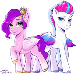 Size: 2310x2205 | Tagged: safe, artist:xiaowu07, pipp petals (mlp), zipp storm (mlp), equine, fictional species, mammal, pegasus, pony, feral, friendship is magic, hasbro, my little pony, my little pony g5, spoiler:my little pony g5, 2023, colored wings, crown, cute, diadem, duo, duo female, ear piercing, earring, eye through hair, eyebrow through hair, eyebrows, feathered wings, feathers, female, females only, folded wings, hair, headwear, high res, hooves, jewelry, looking at each other, looking at someone, looking at you, mare, multicolored wings, partially open wings, piercing, raised hoof, regalia, royal sisters (g5), siblings, signature, simple background, sister, sisters, smiling, smiling at you, white background, wings