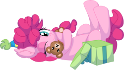 Size: 8474x4775 | Tagged: safe, artist:cyanlightning, pinkie pie (mlp), earth pony, equine, fictional species, mammal, pony, feral, cc by, creative commons, friendship is magic, hasbro, my little pony, .svg available, 2023, absurd resolution, box, container, cute, diapinkes, female, filly, filly pinkie pie, foal, fur, hair, holding, hug, looking at you, lying down, mane, one eye closed, pink body, pink fur, pink hair, pink mane, pink tail, plushie, present, simple background, smiling, solo, solo female, tail, teddy bear, toy, transparent background, vector, winking, young, younger