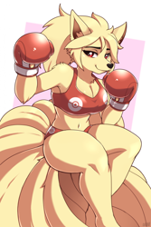 Size: 1570x2347 | Tagged: safe, artist:demonandwolf, oc, oc only, canine, fictional species, fox, mammal, ninetales, anthro, nintendo, pokémon, 2023, anthrofied, belly button, black nose, boxing, boxing gloves, breasts, cleavage, clothes, female, foxy boxing, gloves, midriff, multiple tails, red eyes, smiling, solo, solo female, tail