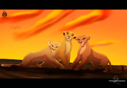 Size: 1072x746 | Tagged: safe, artist:fairloke, kiara (the lion king), tiifu (the lion guard), zuri (the lion guard), big cat, feline, lion, mammal, feral, disney, the lion guard, the lion king, duo, female, letterboxing, lioness