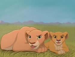 Size: 1800x1363 | Tagged: safe, artist:alcosaurusrex, kiara (the lion king), nala (the lion king), big cat, feline, lion, mammal, feral, disney, the lion king, daughter, duo, female, lioness, mother, mother and daughter