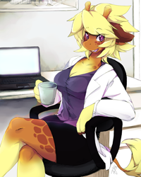 Size: 640x800 | Tagged: safe, artist:jeniak, oc, oc only, giraffe, mammal, 2012, big breasts, black skirt, blonde hair, breasts, brown body, brown ears, brown fur, chair, cleavage, clothes, coffee, coffee cup, crossed legs, drink, female, fur, hair, jacket, laptop, office chair, open mouth, open smile, purple eyes, sitting, smiling, solo, solo female, topwear, ungulate, white jacket, yellow hair