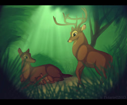 Size: 979x816 | Tagged: safe, artist:rakpolaris, bambi (bambi), bambi's mother (bambi), the great prince of the forest (bambi), cervid, deer, mammal, feral, bambi (film), disney, antlers, doe, family, fawn, female, group, male