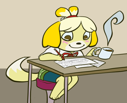 Size: 590x482 | Tagged: safe, artist:lafete, isabelle (animal crossing), canine, dog, mammal, shih tzu, anthro, animal crossing, nintendo, barefoot, blushing, bottomwear, clothes, coffee, drink, female, floppy ears, indoors, looking down, paper, pencil, secretary, shirt, sitting, skirt, smiling, solo, solo female, steam, sweater vest, tail, topwear, working, writing