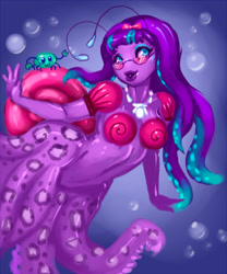 Size: 460x554 | Tagged: safe, artist:vera, oc, oc only, oc:snails (samiji), oc:snips (samiji), arthropod, crab, crustacean, fictional species, mollusk, monster, octopus, anthro, feral, :3, art trade, blue eyes, bubbles, female, glasses, smiling, tentacles, underwater, water