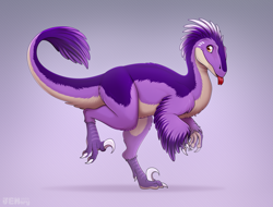 Size: 2203x1672 | Tagged: safe, artist:jenery, deinonychus, dinosaur, feathered dinosaur, raptor, theropod, feral, 2023, 2d, ambiguous gender, blep, cute, feathers, looking at you, purple feathers, solo, solo ambiguous, tongue, tongue out