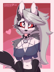 Size: 1205x1589 | Tagged: safe, artist:dandy, loona (vivzmind), canine, fictional species, hellhound, mammal, anthro, hazbin hotel, helluva boss, 2023, adorasexy, animated, big breasts, blep, blushing, border, breasts, clothes, collar, crop top, cute, female, gif, sexy, solo, solo female, spiked collar, tail, tail wag, tongue, tongue out, topwear, underboob, white border