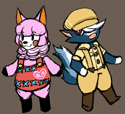 Size: 1001x909 | Tagged: safe, artist:kordoruna, kicks (animal crossing), reese (animal crossing), alpaca, mammal, skunk, anthro, plantigrade anthro, unguligrade anthro, animal crossing, nintendo, apron, arm hooves, bottomwear, brown background, camelid, clothes, duo, duo male and female, female, hooves, male, overalls, pants, shirt, simple background, smiling, tail, topwear, ungulate