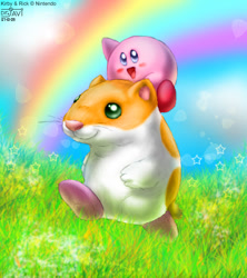 Size: 600x675 | Tagged: safe, artist:drjavi, kirby (kirby), rick (kirby), fictional species, hamster, mammal, puffball (kirby), rodent, semi-anthro, kirby (series), nintendo, blobfeet, blushing, duo, duo male, grass, male, males only, open mouth, open smile, rainbow, raised arm, riding, smiling, walking