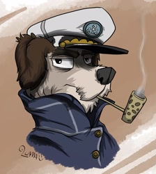 Size: 1873x2090 | Tagged: safe, artist:llama_eboy, canine, dog, mammal, feral, headshot, male, ocean, pipe, sailor, sailor outfit, solo, solo male, water