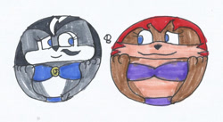 Size: 1091x597 | Tagged: safe, artist:spaton37, lupe the wolf (sonic), rosemary prower (sonic), canine, fox, mammal, red fox, wolf, archie sonic the hedgehog, sega, sonic the hedgehog (series), ball, barefoot, bikini, clothes, duo, duo female, feet, female, females only, fetish, foot fetish, foot focus, morph ball, soles, swimsuit, toes, traditional art